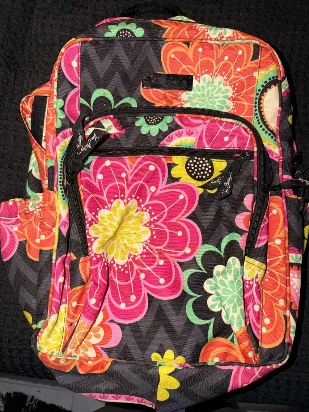 Vera Bradley Black Floral Backpack with Pink, Orange, Yellow and Green Flowers